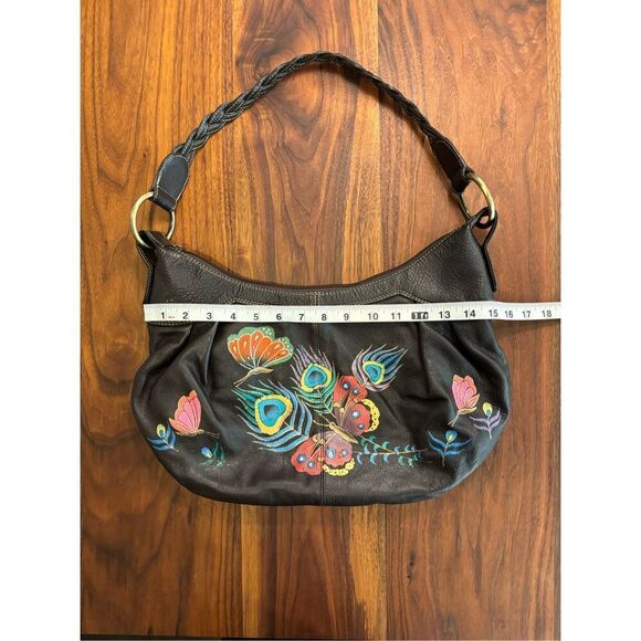 Anuschka Women's Brown Hand Painted Floral Butterfly Print Leather Shoulder Bag - Picture 4 of 8
